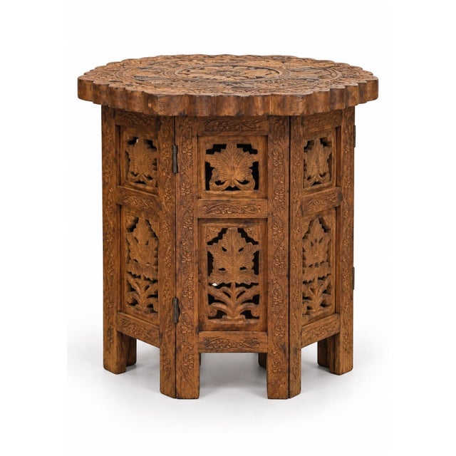 Wood Antique Middle Eastern Octagonal Carved Side Table with Brass Inlay, 1890s For Sale - Image 7 of 8