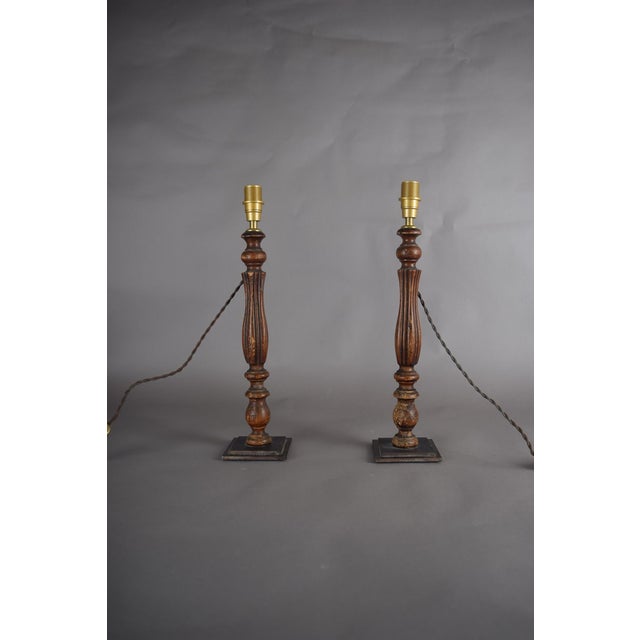 Vintage Turned Wood Table Lamps with Pleated Shades, France, 1970s, Set of 2 For Sale - Image 3 of 12