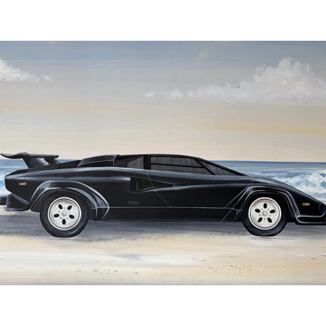 Black 1980s Schamerhorn Black Lamborghini Countach on Sandy Beach Oil on Canvas Painting – Signed, Unframed For Sale - Image 8 of 14