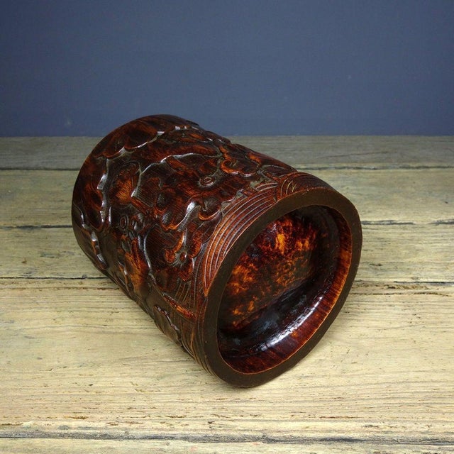 Vintage Chinese Bamboo Carved "Lotus & Crab" Brush Pot - 480g For Sale - Image 9 of 9