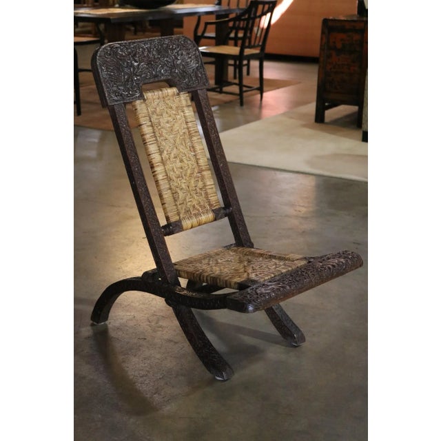 Folding Carved Wood and Bamboo Chair, For Sale - Image 4 of 8