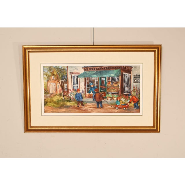 Quality Custom Framed Oil Painting on Canvas of Children at the Grocer by Aline Brochu, Signed Lower Left