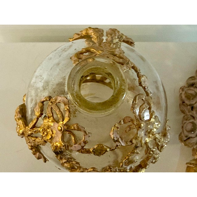 Vintage French Style Ormolu Glass Perfume Bottle With Floral Filigree Stopper Hollywood Regency For Sale - Image 11 of 12