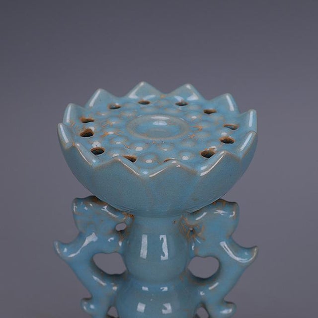 1950s Vintage Chinese Sky Blue Ru Style Lotus Candlestick, Double Dragon Handle Ceramic Candle Holder For Sale - Image 5 of 5