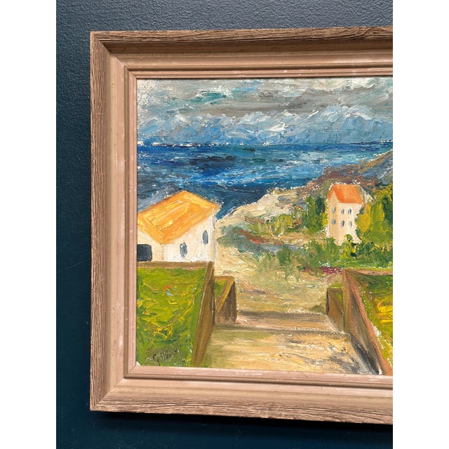 Mid-Century Modern Coastal Landscape with House, 1950s, Oil Painting on Panel, Framed For Sale - Image 3 of 18