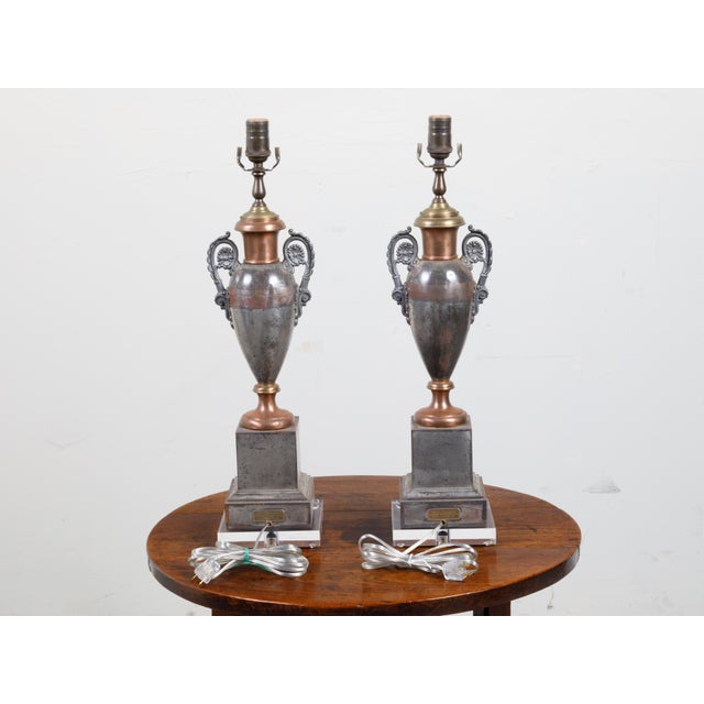 English 19th Century English Tôle Amphorae Shaped Table Lamps on Lucite Bases - a Pair For Sale - Image 3 of 12