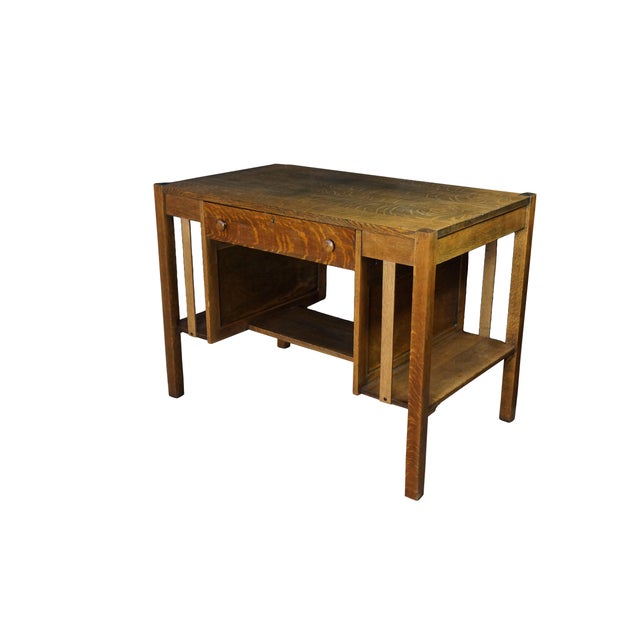 American Antique Mission Arts Craft Quartersawn Oak Library Bookcase Table Desk Inkwell For Sale - Image 3 of 18