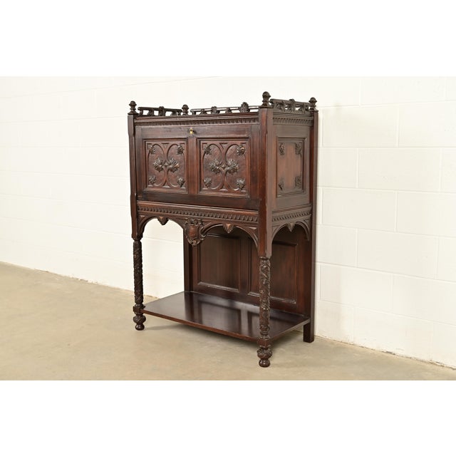 Victorian Antique English Victorian or Gothic Revival Carved Walnut Drop Front Secretary Desk | Circa 1880s For Sale - Image 3 of 14