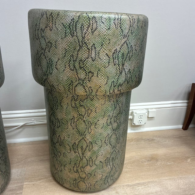 Modern Late 20th Century Chic Faux Green Snakeskin Barrel Bar Stools For Sale - Image 3 of 4