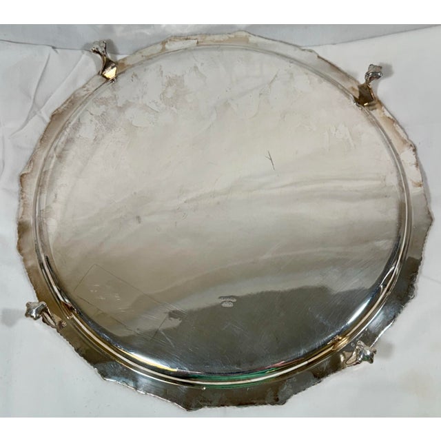 Antique Frank Cobb & Co. Scalloped Edge Silver Plate Serving Tray With Ornate Rim & Falcon Talon Feet From England - Circa 1920 For Sale - Image 11 of 12