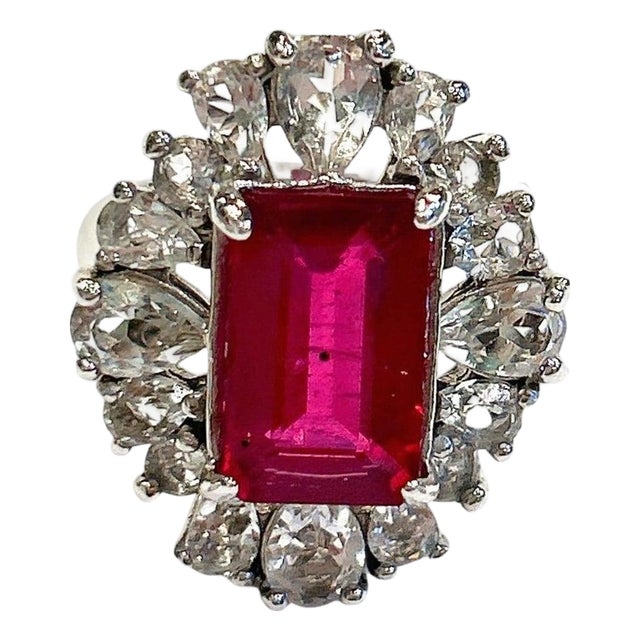 Bochic "Orient" Emerald Cut Ruby & White Topaz Ring Set In 18K Gold & Silver For Sale