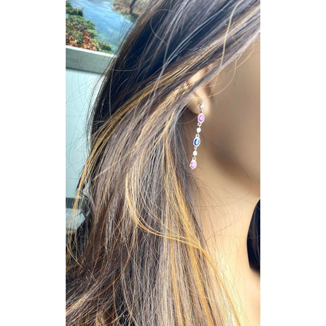 Metal 14k White Gold Ceylon Sapphire and Diamond Long Drop Earrings, 1.75", Pair For Sale - Image 7 of 8