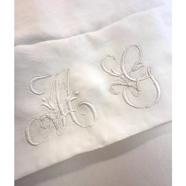 Fine French Antique Linen Pillowcase, Hand Embroidered MG Monogram & Scalloped Edge, France circa 1900 For Sale - Image 4 of 9