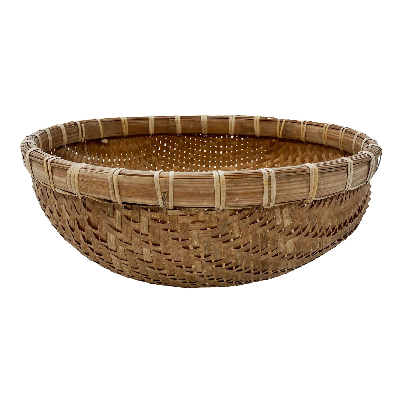 Vintage Chunky Rim Woven Reed Winnowing Basket | Chairish