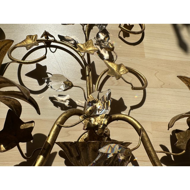 Florentine Gilt Wall Sconces with Glass Ivy Leaves, 1970s, Set of 2 For Sale - Image 10 of 16