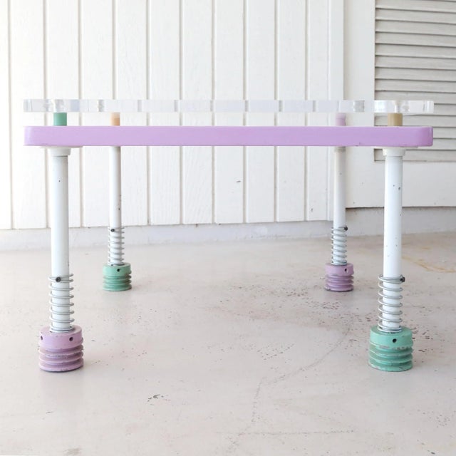 A vintage, 1992 one-of-a-kind handmade metal and acrylic coffee table by artist Mitch Levin. It has a heavy, industrial...