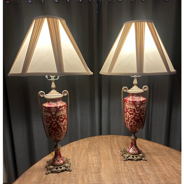 This is a rare, Monumental pair of mid-century 32” table lamps. Feature exquisite Japanese Moriage Porcelain in a vibrant...