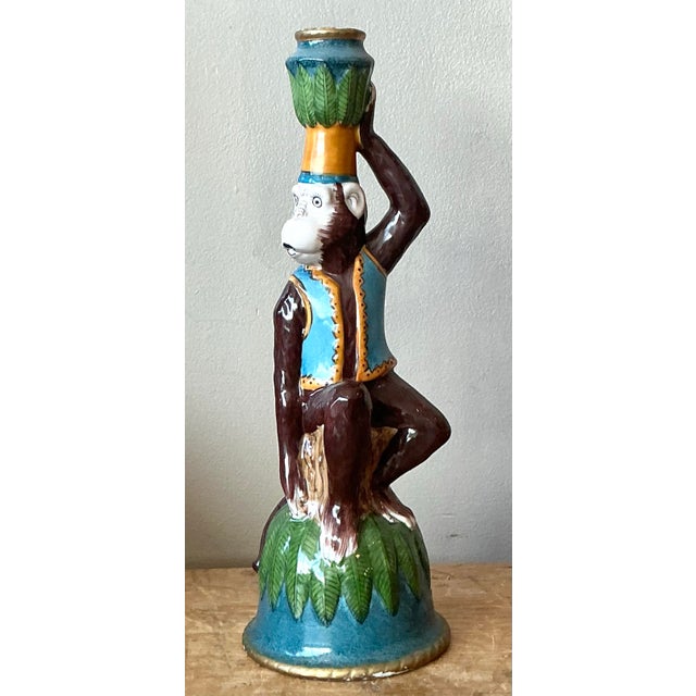 Ceramic Vintage Boho Glazed Ceramic Monkey Candlestick For Sale - Image 7 of 9