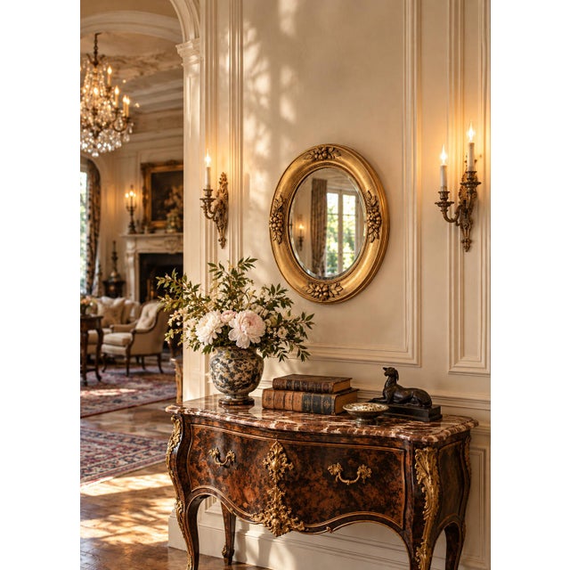 A charming Victorian-era antique oval mirror featuring a beautifully molded giltwood frame adorned with raised clusters of...
