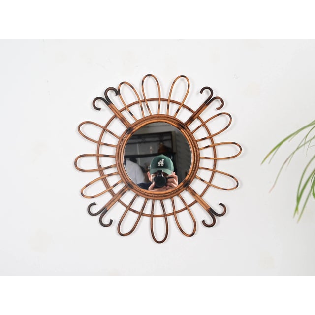 Mid-Century French Riviera Round Sunburst Mirror in Curved Rattan, France, 1970s For Sale - Image 10 of 11