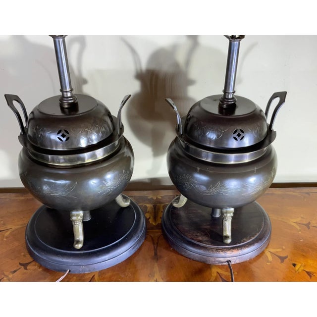 Metal Pair of Antique Chinese Incence Burner Table Lamp For Sale - Image 7 of 13