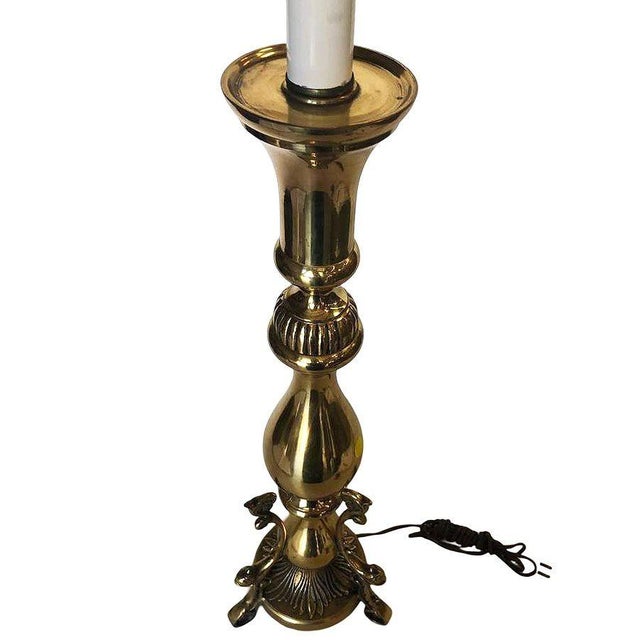 1970s Large Queen Anne Brass Patinaed Candle Stick Table Lamp For Sale - Image 4 of 8