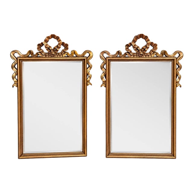 1980s Pair of Carolina Mirror Company Gold Ribbon and Bow Mirrors For Sale