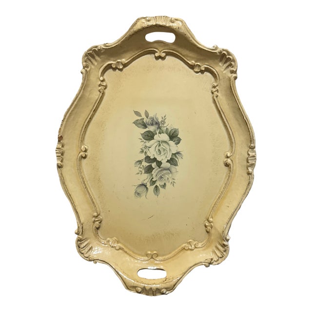 Vintage Italian Florentine Wood Serving Tray - Hand-Painted Roses & Scalloped Gilt Edge For Sale