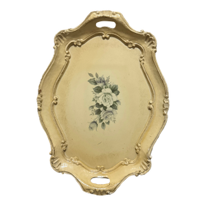 Vintage Italian Florentine Wood Serving Tray - Hand-Painted Roses & Scalloped Gilt Edge