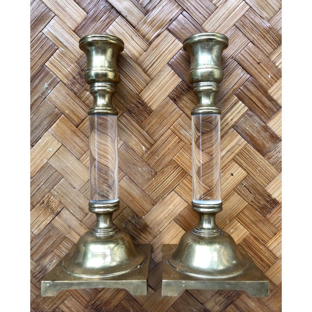 Brass Mid-Century Hollywood Regency Brass and Lucite Candlesticks - a Pair For Sale - Image 8 of 9