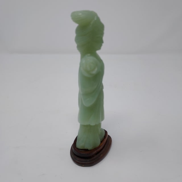 Wood Late 20th Century Chinese Carved Jade Goddess Figure Holding a Lotus Flower on Wood Base 6" Tall For Sale - Image 7 of 10