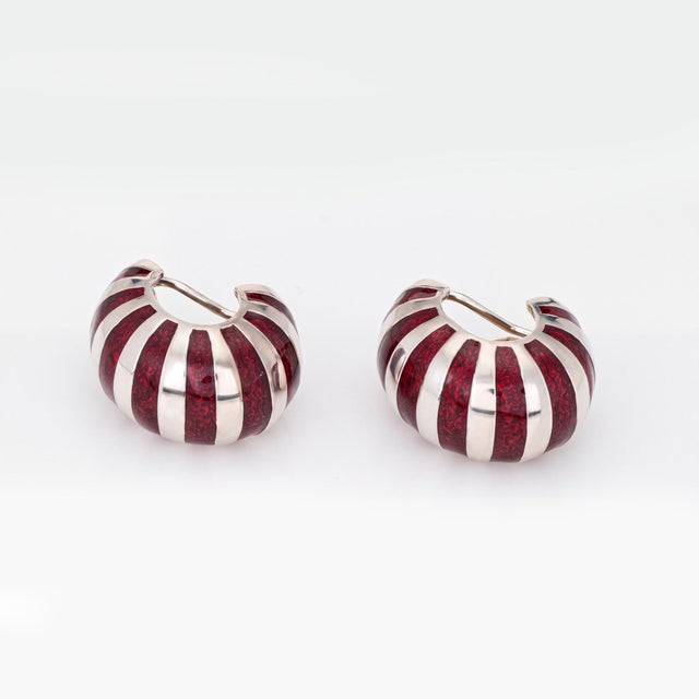 Tiffany and Co. Vintage 1980s Tiffany & Co Red Enamel Earrings Sterling Silver Shrimp Clip On For Sale - Image 4 of 5