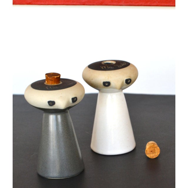 Wood 1980s David Gil for Bennington Potters Mr. Salt and Mrs. Pepper Ceramic Shakers Cork Stoppers For Sale - Image 7 of 12