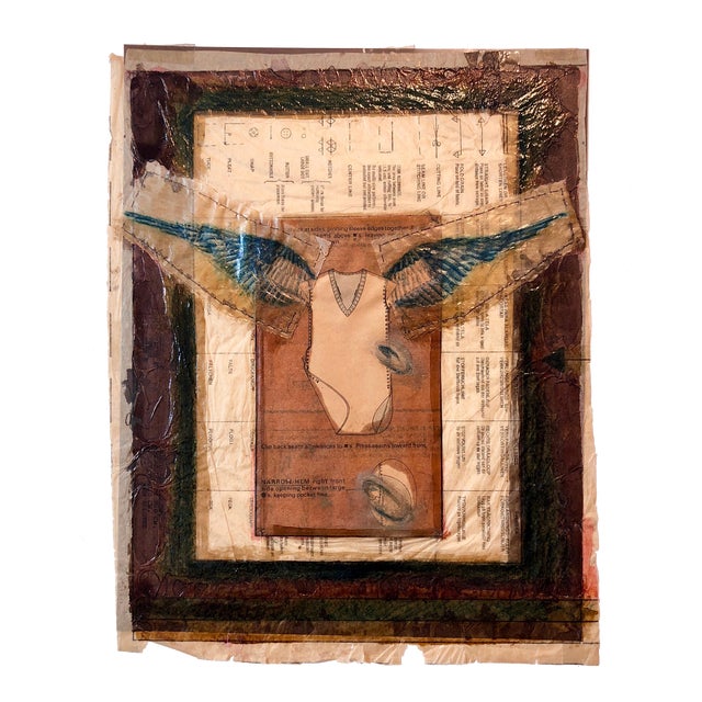 Unknown, Angel Wings Mixed Media Collage Painting Assemblage Piece Stitched and Sewn For Sale