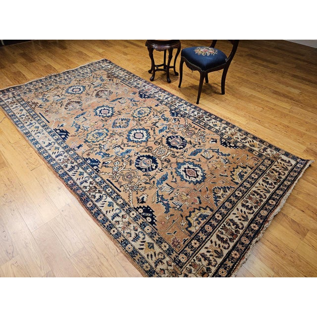 Vintage Persian Malayer Gallery Rug, Hand-Knotted Wool, Geometric Pattern, 5x10, Tan & Blue For Sale - Image 9 of 18