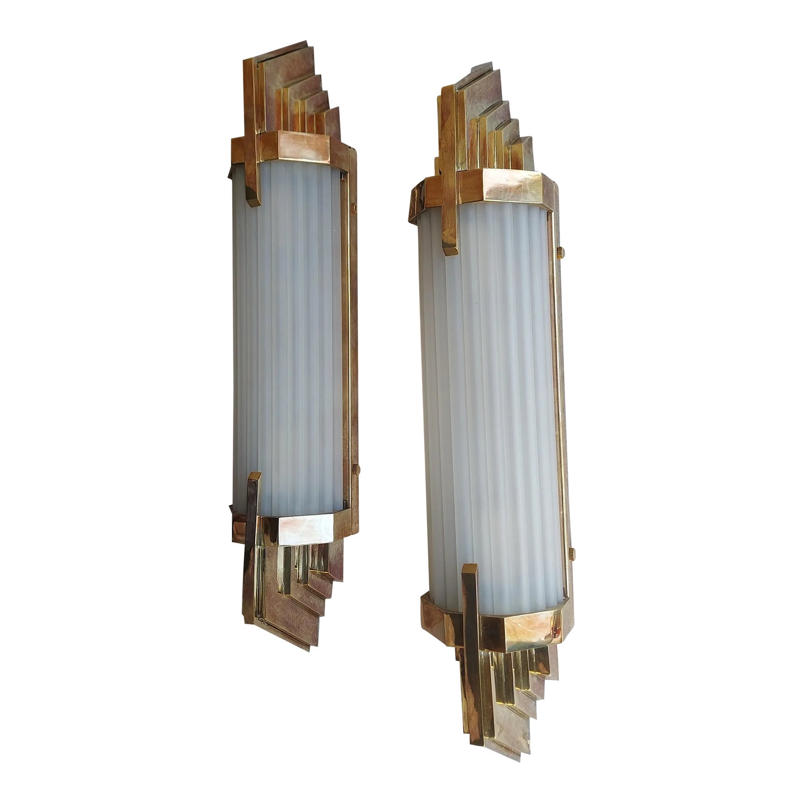Pair Vintage Skyscraper Art Deco Wall Sconces Fixture Brass & Frosted ...