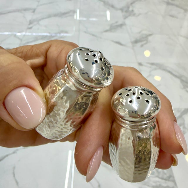 Silver Vintage Sterling Silver Hammered Salt & Pepper Shakers Home Flatware Set For Sale - Image 8 of 8