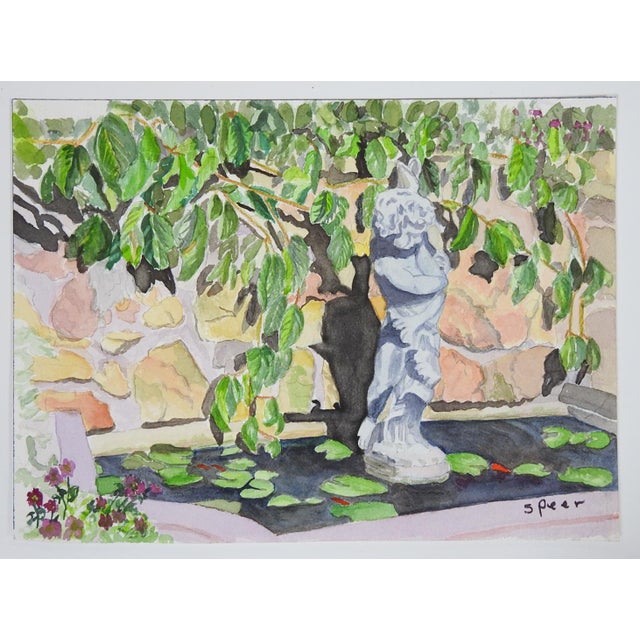 English Late 20th Century Garden Statue Watercolor Painting For Sale - Image 3 of 3