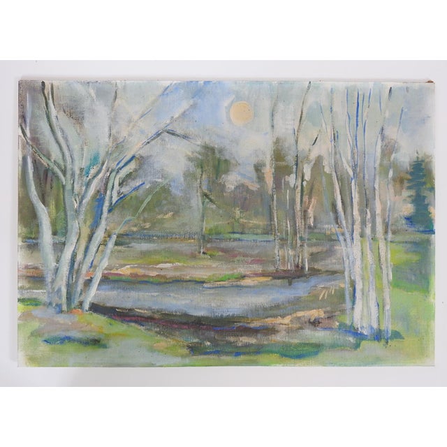 Mid 20th Century Impressionist Plein Air Birch Trees and Pond Landscape Painting For Sale In Seattle - Image 6 of 7