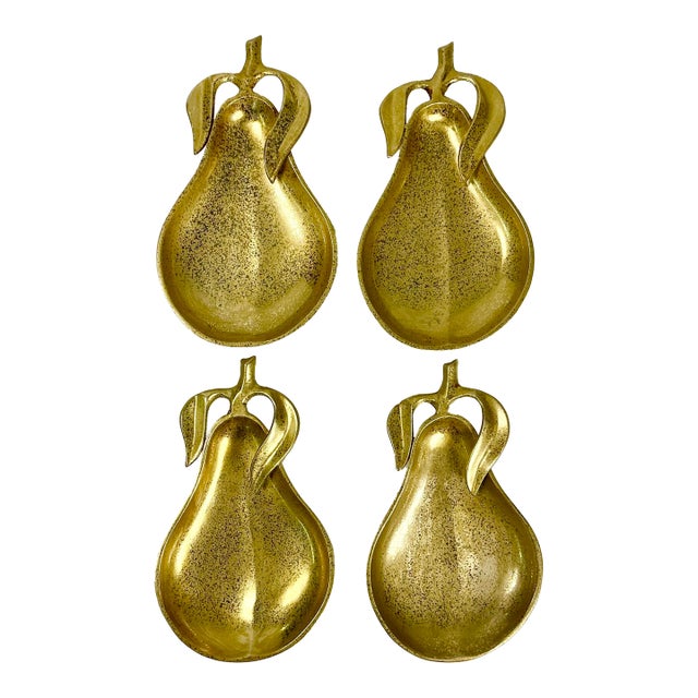 Mid-Century Hollywood Regency Boho Chic Brass Pear Dessert Plates - Set of 4 For Sale