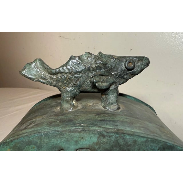 Share Large Antique Patinated Bronze Modernist Sculpture Figural Fish Dresser Box For Sale - Image 4 of 16