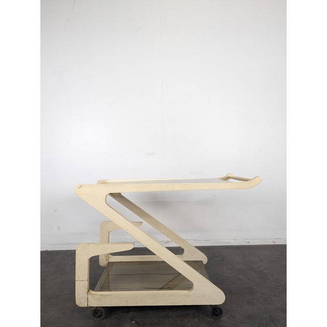 White Lacquered and Smoked Glass Z-Shaped Rolling Serving Cart, 1970s For Sale - Image 4 of 9