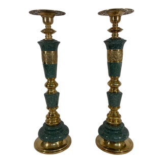 1950s Large Brass and Marble Candle Holders - A Pair For Sale