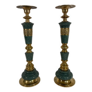1950s Large Brass and Marble Candle Holders - A Pair