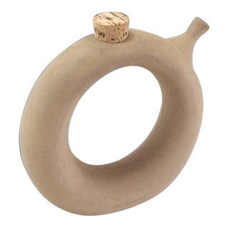 Circular Donut Shape Signed Pottery Pitcher Wine Jug For Sale