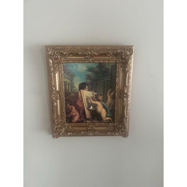 Beautiful Vintage Oil Painting on Canvas of Cherubs in Ornate Gold Wood Frame Old World Renaissance Style