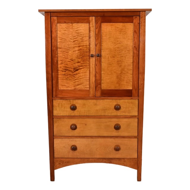 Late 20th Century Stickley Harvey Ellis Collection Mission Arts & Crafts Cherry Wood and Tiger Maple Media Armoire Cabinet For Sale