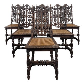 Henri II Chairs in Openwork Carved Oak with Caned Seats, Set of 6 For Sale