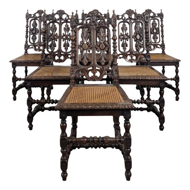 Henri II Chairs in Openwork Carved Oak with Caned Seats, Set of 6 For Sale