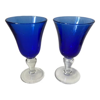 Biot French Hand-Blown Glass Goblets-Signed-A Pair For Sale